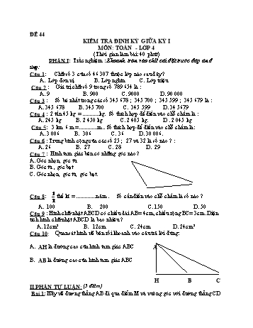 Đề kiểm tra giữa học kì 1 Toán Lớp 4 - Đề 44