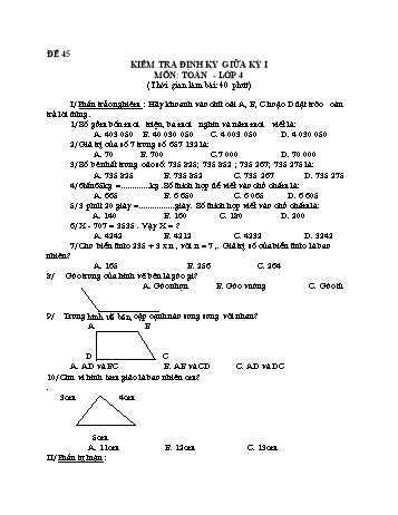 Đề kiểm tra giữa học kì 1 Toán Lớp 4 - Đề 45