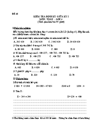 Đề kiểm tra giữa học kì 1 Toán Lớp 4 - Đề 46