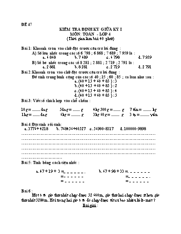 Đề kiểm tra giữa học kì 1 Toán Lớp 4 - Đề 47