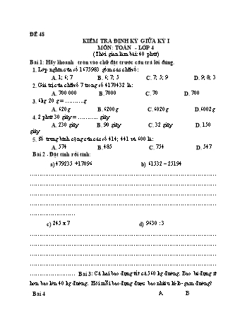 Đề kiểm tra giữa học kì 1 Toán Lớp 4 - Đề 48