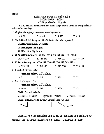 Đề kiểm tra giữa học kì 1 Toán Lớp 4 - Đề 49