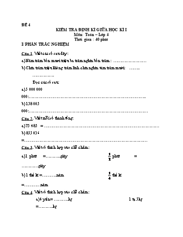 Đề kiểm tra giữa học kì 1 Toán Lớp 4 - Đề 4