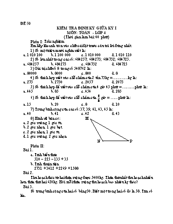 Đề kiểm tra giữa học kì 1 Toán Lớp 4 - Đề 50