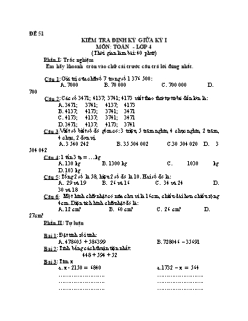 Đề kiểm tra giữa học kì 1 Toán Lớp 4 - Đề 51