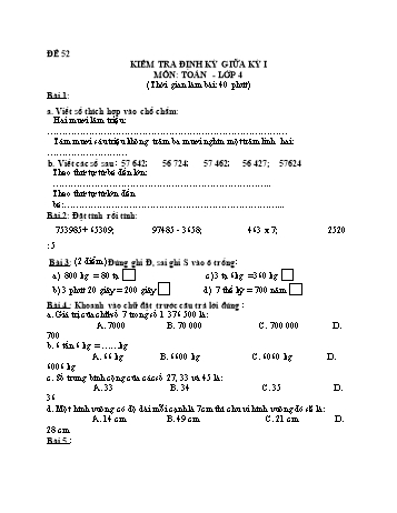 Đề kiểm tra giữa học kì 1 Toán Lớp 4 - Đề 52