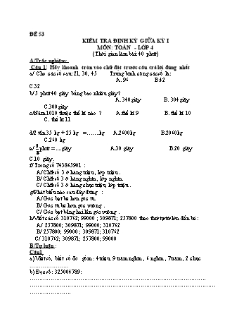 Đề kiểm tra giữa học kì 1 Toán Lớp 4 - Đề 53