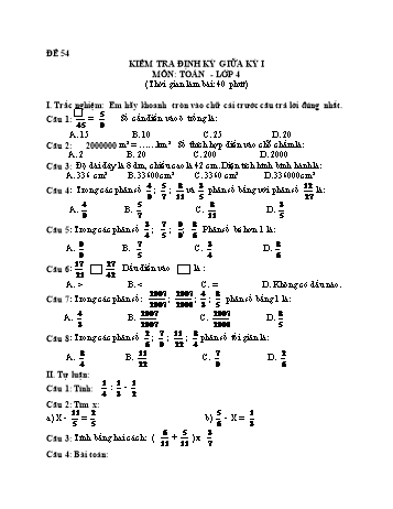 Đề kiểm tra giữa học kì 1 Toán Lớp 4 - Đề 54