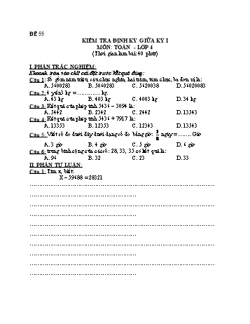 Đề kiểm tra giữa học kì 1 Toán Lớp 4 - Đề 55