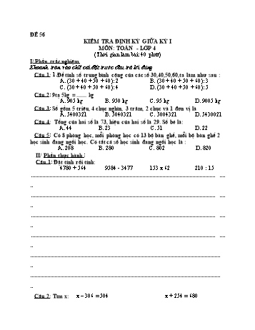 Đề kiểm tra giữa học kì 1 Toán Lớp 4 - Đề 56