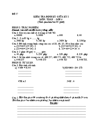 Đề kiểm tra giữa học kì 1 Toán Lớp 4 - Đề 57