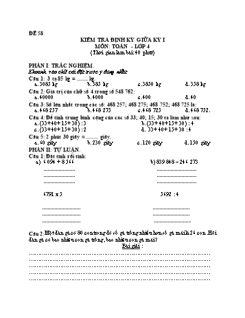 Đề kiểm tra giữa học kì 1 Toán Lớp 4 - Đề 58
