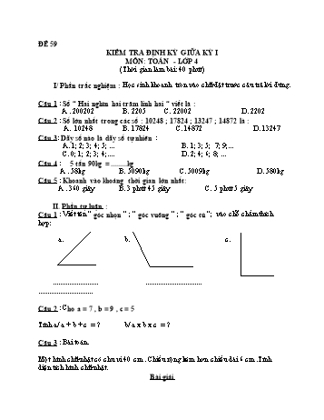 Đề kiểm tra giữa học kì 1 Toán Lớp 4 - Đề 59