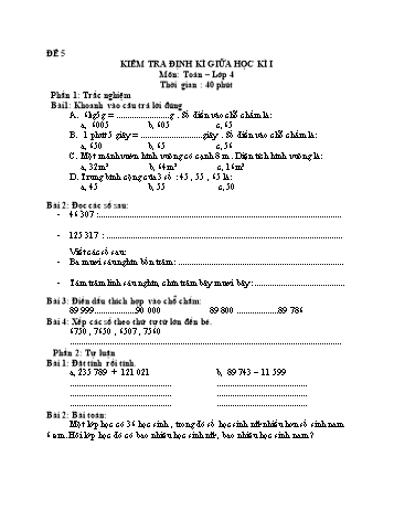 Đề kiểm tra giữa học kì 1 Toán Lớp 4 - Đề 5
