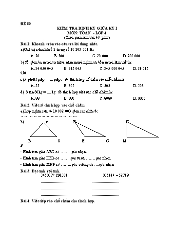 Đề kiểm tra giữa học kì 1 Toán Lớp 4 - Đề 60