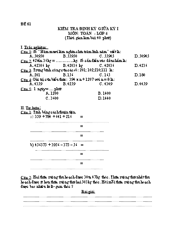 Đề kiểm tra giữa học kì 1 Toán Lớp 4 - Đề 61