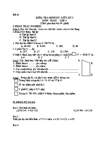 Đề kiểm tra giữa học kì 1 Toán Lớp 4 - Đề 62