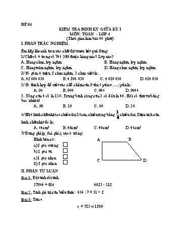 Đề kiểm tra giữa học kì 1 Toán Lớp 4 - Đề 64