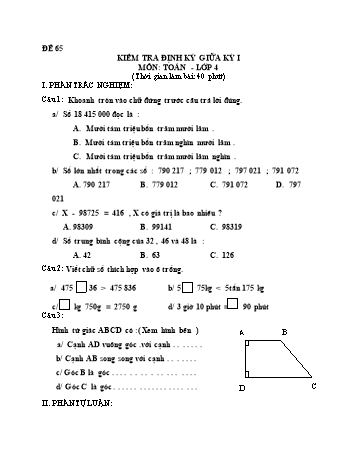 Đề kiểm tra giữa học kì 1 Toán Lớp 4 - Đề 65
