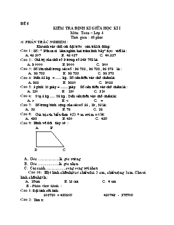 Đề kiểm tra giữa học kì 1 Toán Lớp 4 - Đề 6