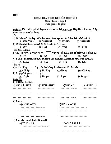 Đề kiểm tra giữa học kì 1 Toán Lớp 4 - Đề 7