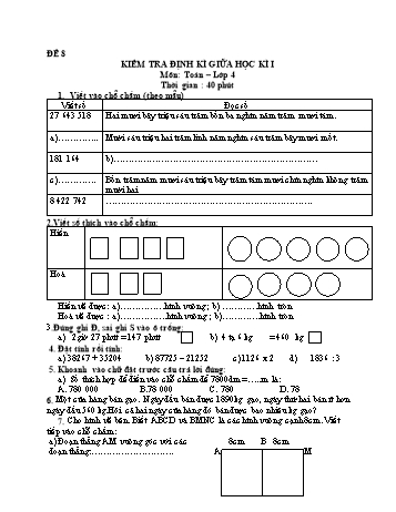 Đề kiểm tra giữa học kì 1 Toán Lớp 4 - Đề 8