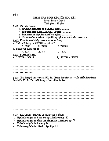 Đề kiểm tra giữa học kì 1 Toán Lớp 4 - Đề 9
