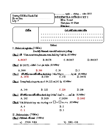Đề kiểm tra giữa học kì 1 Toán Lớp 4 - Năm học 2022-2023 - Trường Tiểu học Mai Thanh Thế (Có đáp án)