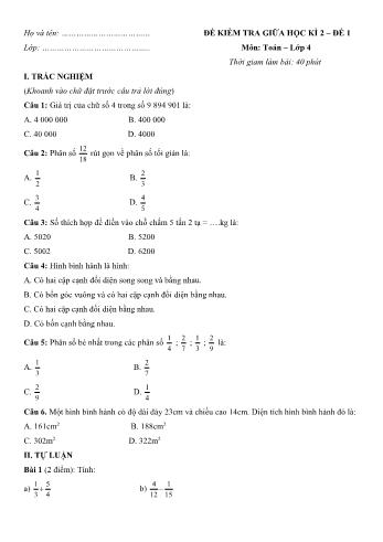 Đề kiểm tra giữa học kì 2 Toán Lớp 4 - Đề 1 (Có hướng dẫn giải chi tiết)