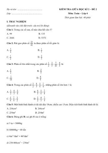 Đề kiểm tra giữa học kì 2 Toán Lớp 4 - Đề 2 (Có hướng dẫn giải chi tiết)