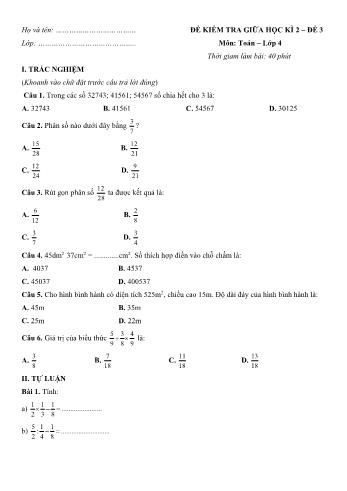 Đề kiểm tra giữa học kì 2 Toán Lớp 4 - Đề 3 (Có hướng dẫn giải chi tiết)