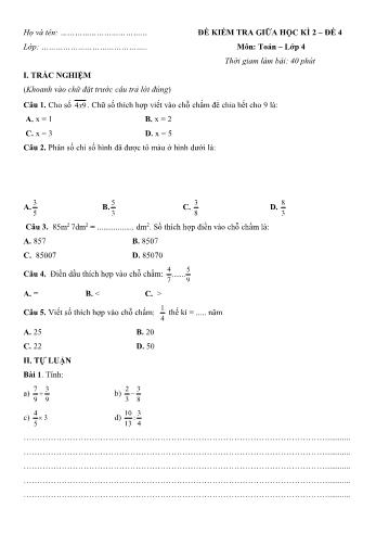 Đề kiểm tra giữa học kì 2 Toán Lớp 4 - Đề 4 (Có hướng dẫn giải chi tiết)
