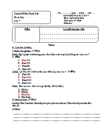 Đề kiểm tra học kì 1 Lịch sử và Địa lí Lớp 4 - Năm học 2022-2023 - Trường Tiểu học Mai Thanh Thế (Có đáp án)