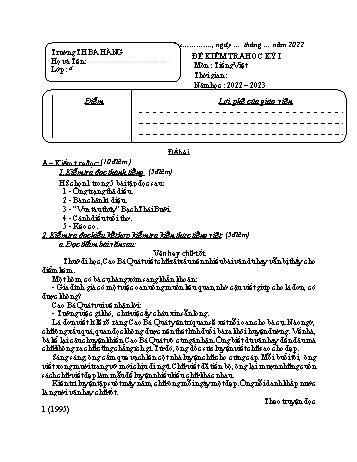 Đề kiểm tra học kì 1 Tiếng Việt Lớp 4 - Năm học 2022-2023 - Trường Tiểu học Ba Hàng (Có đáp án)