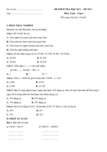 Đề kiểm tra học kì 1 Toán Lớp 4 - Đề số 1 (Có hướng dẫn giải chi tiết)