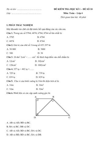 Đề kiểm tra học kì 1 Toán Lớp 4 - Đề số 10 (Có hướng dẫn giải chi tiết)