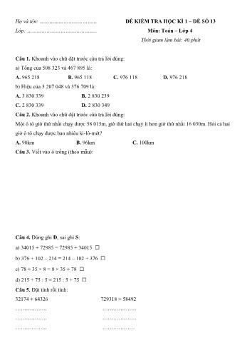 Đề kiểm tra học kì 1 Toán Lớp 4 - Đề số 13 (Có hướng dẫn giải chi tiết)