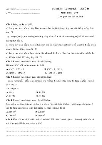 Đề kiểm tra học kì 1 Toán Lớp 4 - Đề số 14 (Có hướng dẫn giải chi tiết)