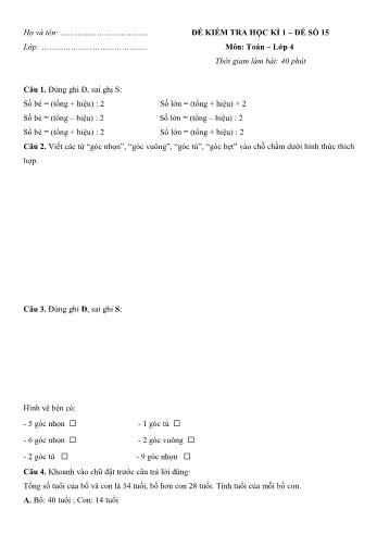 Đề kiểm tra học kì 1 Toán Lớp 4 - Đề số 15 (Có hướng dẫn giải chi tiết)