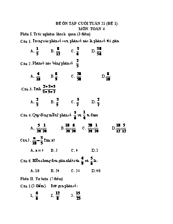 Đề ôn tập cuối tuần Toán Lớp 4 - Tuần 21 - Đề 1