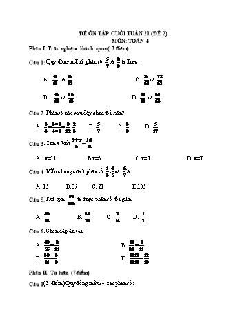 Đề ôn tập cuối tuần Toán Lớp 4 - Tuần 21 - Đề 2