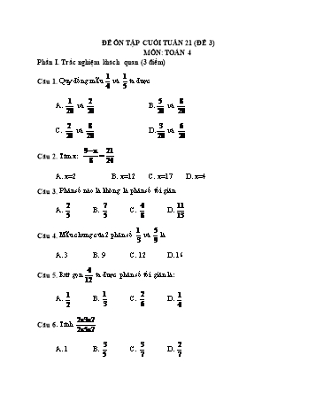 Đề ôn tập cuối tuần Toán Lớp 4 - Tuần 21 - Đề 3