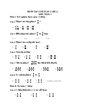 Đề ôn tập cuối tuần Toán Lớp 4 - Tuần 22 - Đề 1