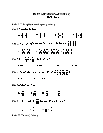Đề ôn tập cuối tuần Toán Lớp 4 - Tuần 22 - Đề 2