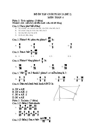 Đề ôn tập cuối tuần Toán Lớp 4 - Tuần 23 - Đề 2