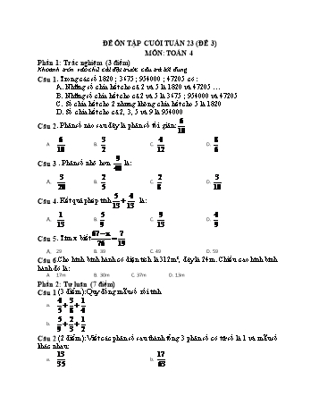 Đề ôn tập cuối tuần Toán Lớp 4 - Tuần 23 - Đề 3