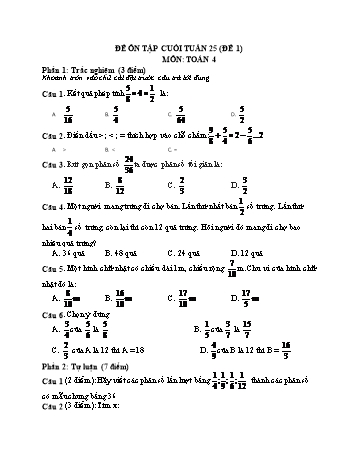 Đề ôn tập cuối tuần Toán Lớp 4 - Tuần 25 - Đề 1