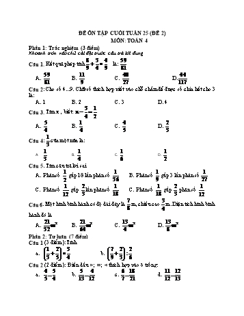Đề ôn tập cuối tuần Toán Lớp 4 - Tuần 25 - Đề 2