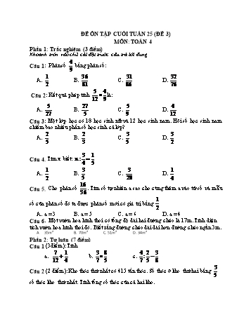 Đề ôn tập cuối tuần Toán Lớp 4 - Tuần 25 - Đề 3