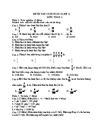 Đề ôn tập cuối tuần Toán Lớp 4 - Tuần 26 - Đề 2